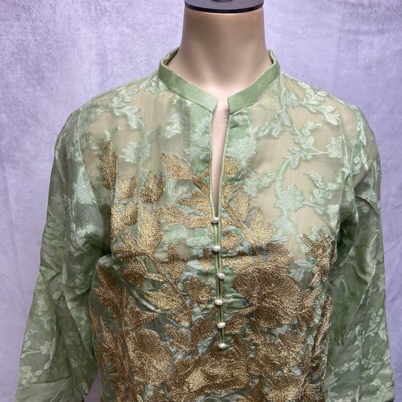 Agha Noor Kurta Tunic Womens S Embroidered Gold Lime Green Gauzy Pakistani - Picture 3 of 14